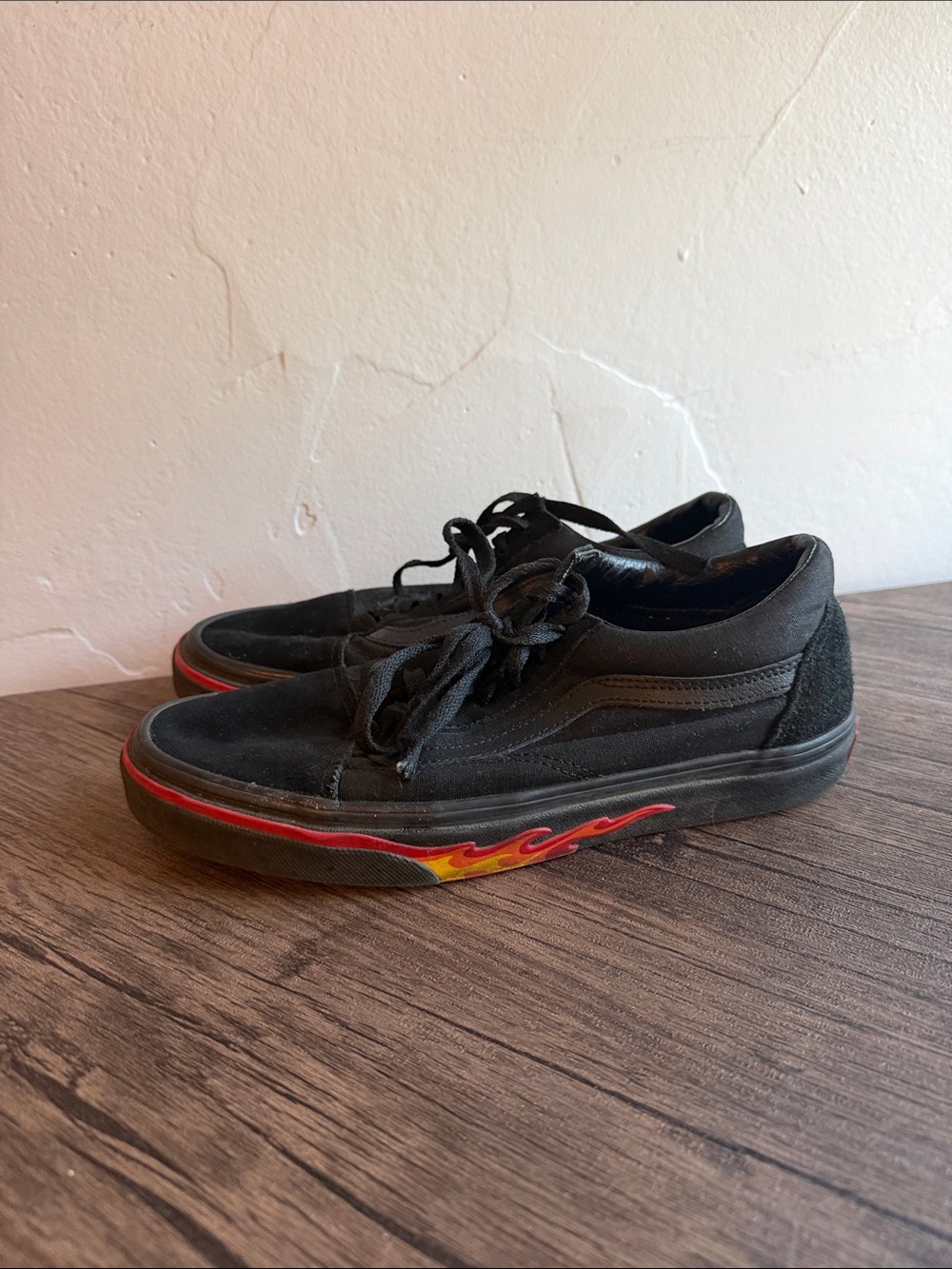Vans Black Low-Top Sneakers with Red and Yellow Flame Detail